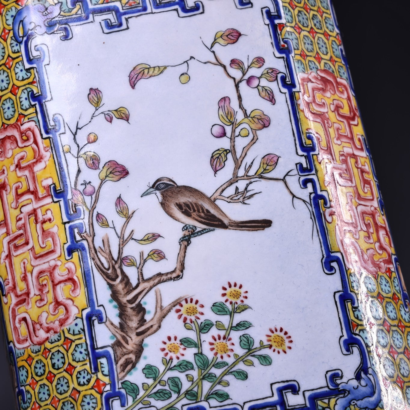 A2189 Vintage Chinese Copper Enamel Plum Flower & Magpie Design Brush Pot
