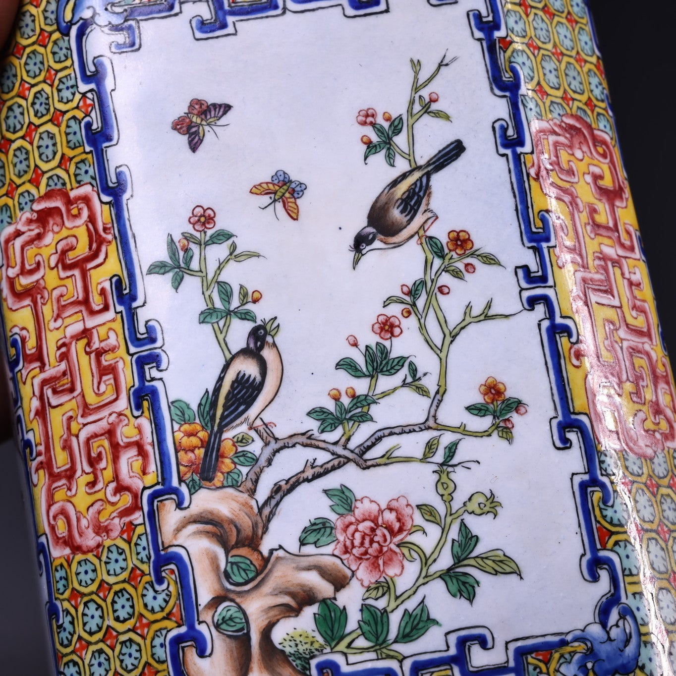 A2189 Vintage Chinese Copper Enamel Plum Flower & Magpie Design Brush Pot