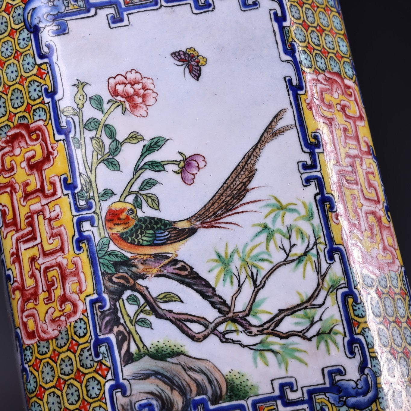 A2189 Vintage Chinese Copper Enamel Plum Flower & Magpie Design Brush Pot