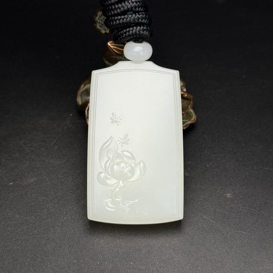 A2190 Chinese Natural Hetian Jade Low Relief Lotus Flower Pendant
