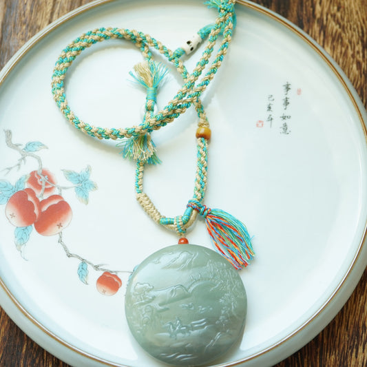 A2195 Chinese Natural Hetian Jade Low Relief Triumphant Return Home Pendant w Hand Woven Necklace