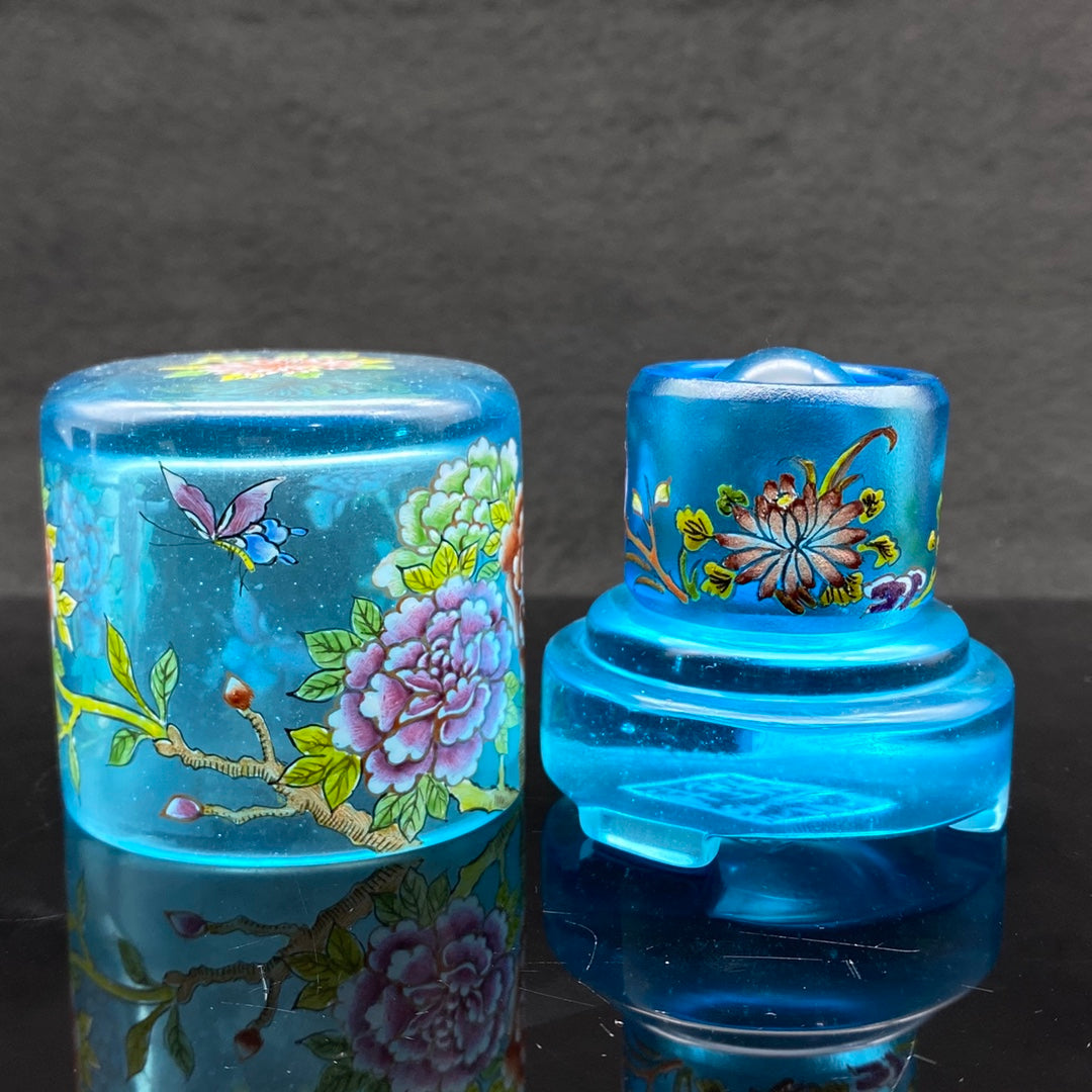 A2205 Chinese Famille Rose Blue Peking Glass Flowers Design Thumb Ring w Box