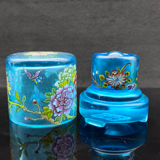 A2205 Chinese Famille Rose Blue Peking Glass Flowers Design Thumb Ring w Box