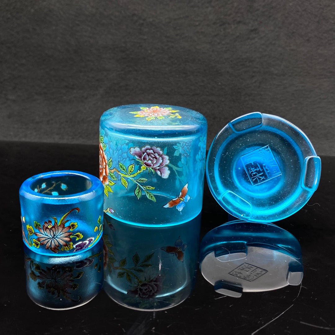 A2205 Chinese Famille Rose Blue Peking Glass Flowers Design Thumb Ring w Box