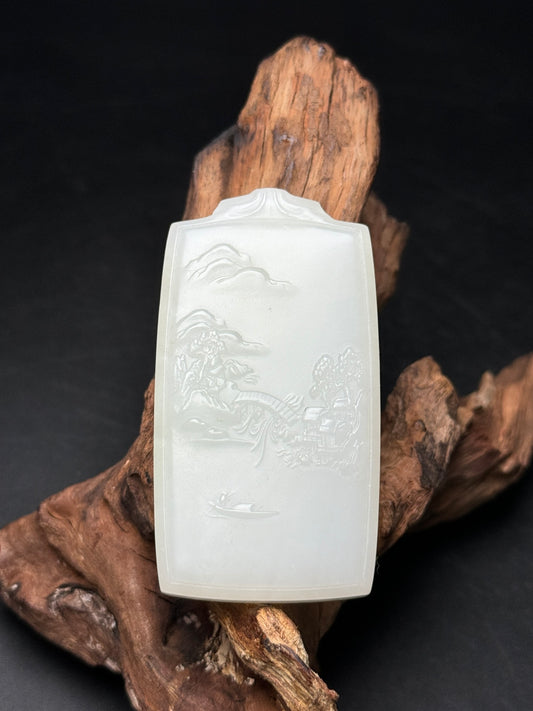 A2206 Superb Chinese White Hetian Jade Low Relief Mountain River Scene Pendant
