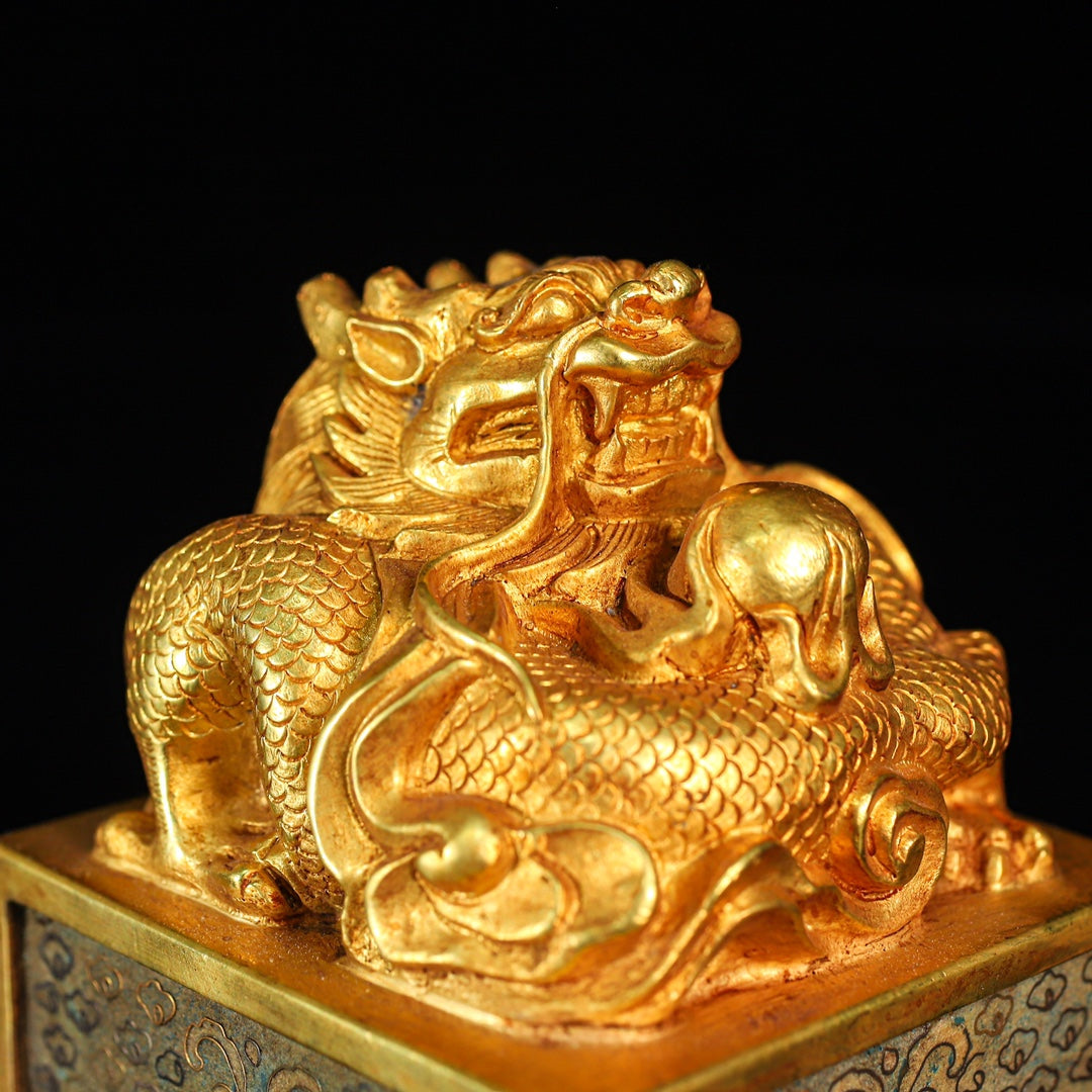 A2207 Vintage Chinese Gilt Gold Copper Cloisonne Fortune Dragon Seal