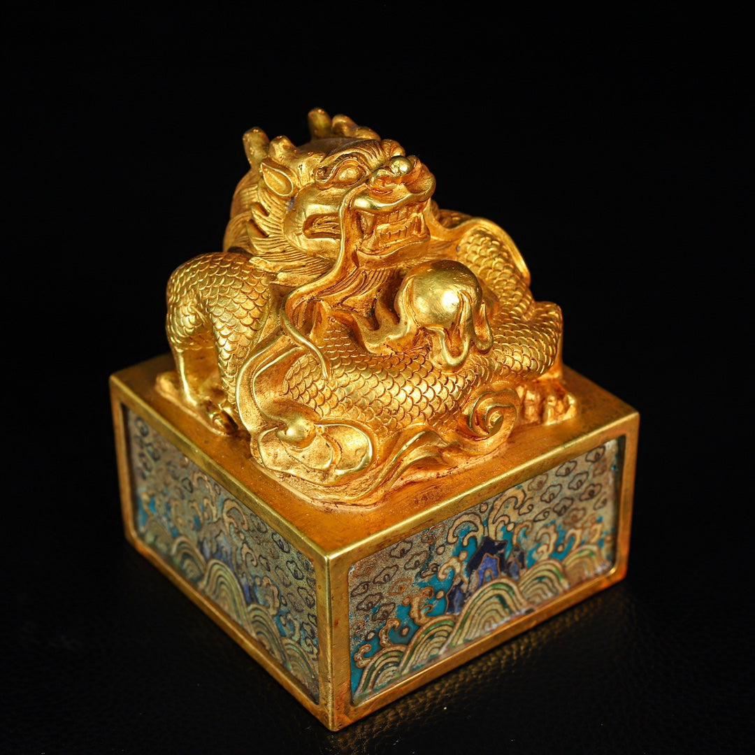 A2207 Vintage Chinese Gilt Gold Copper Cloisonne Fortune Dragon Seal