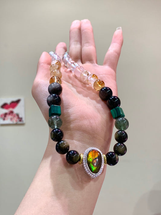 A2208 Hand Woven Beautiful Pure Silver Inlay Crystal & Malachite Beads Necklace
