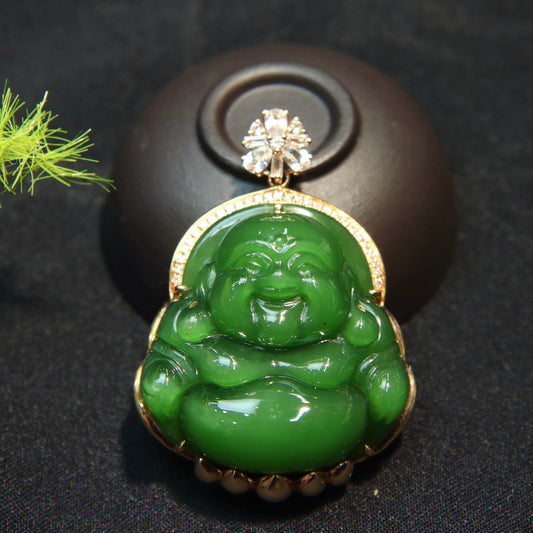 A2209 Exquisite Chinese 18K Gold Inlay Green Hetian Jade Carved Laughing Buddha Pendant