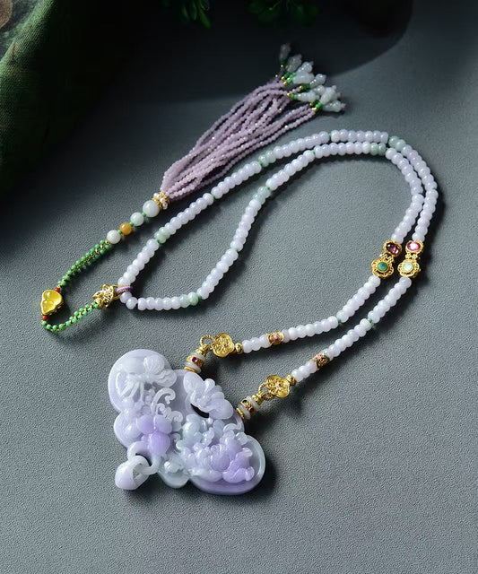 A2225 Exquisite Purple Jadeite Carved Butterfly & Peony Pendant
