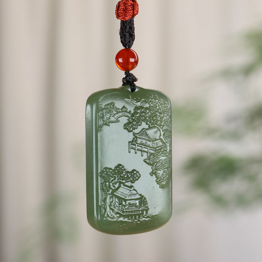 A2234 Chinese Natural Hetian Jade Low Relief Mountain River Scene Pendant