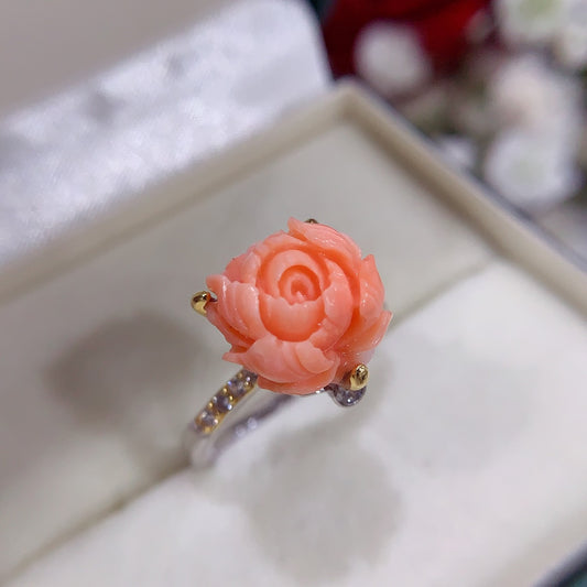 A2236 Beautiful Silver Inlay Coral Flower Ring