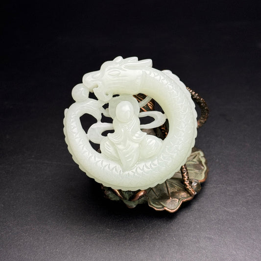 A2241 Openwork Chinese Hetian Jade Carved Dragon &amp; Buddha Pendant