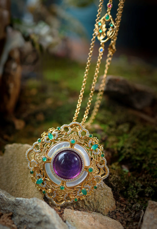 A2244 Beautiful Silver Plated Gilt Gold Inlay Amethyst Pendant