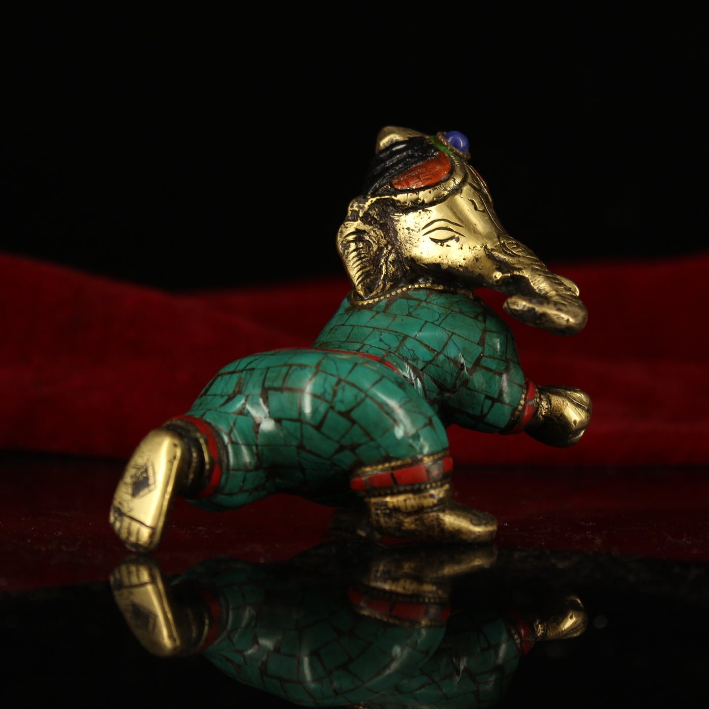 A2246 Old Tibetan Gilt Gold Bronze Inlay Turquoise & Gems Yellow Jambhala Statue
