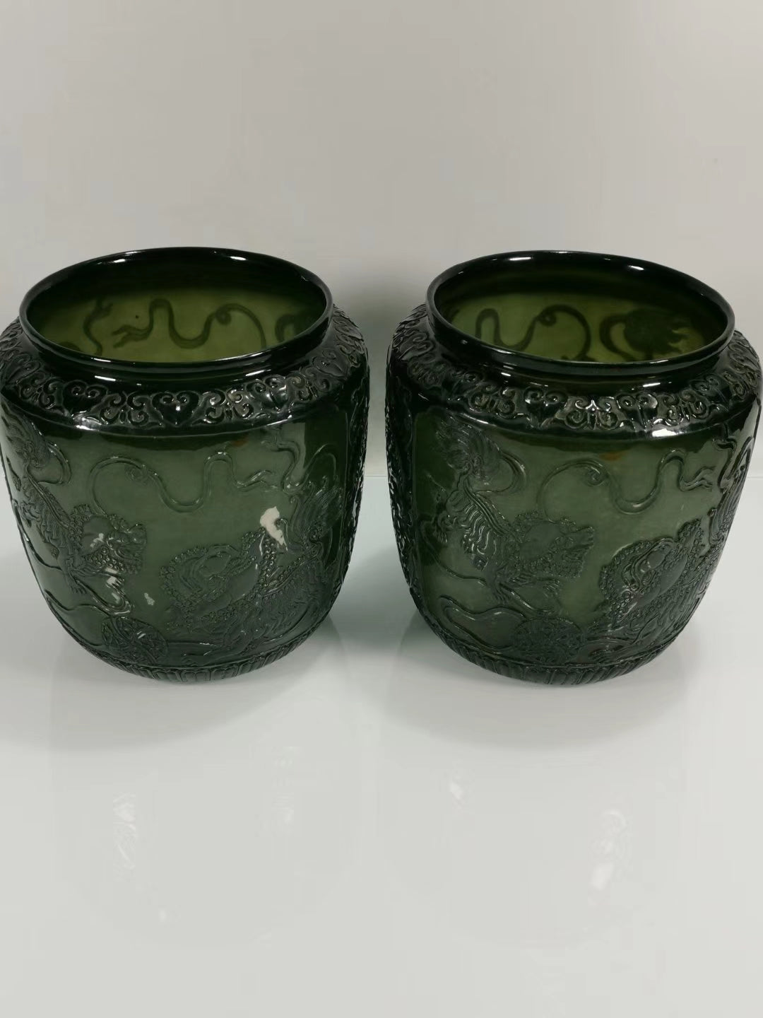 A2249 A Pair Superb Chinese Green Hetian Jade Low Relief Fortune Lion Pots