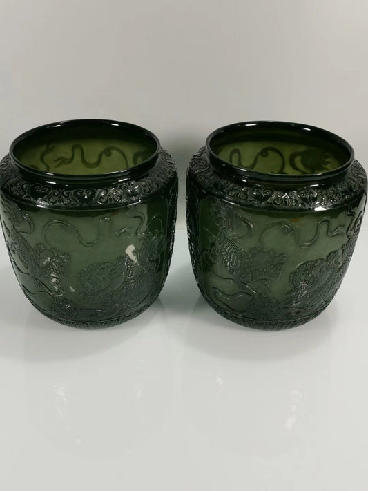 A2249 A Pair Superb Chinese Green Hetian Jade Low Relief Fortune Lion Pots