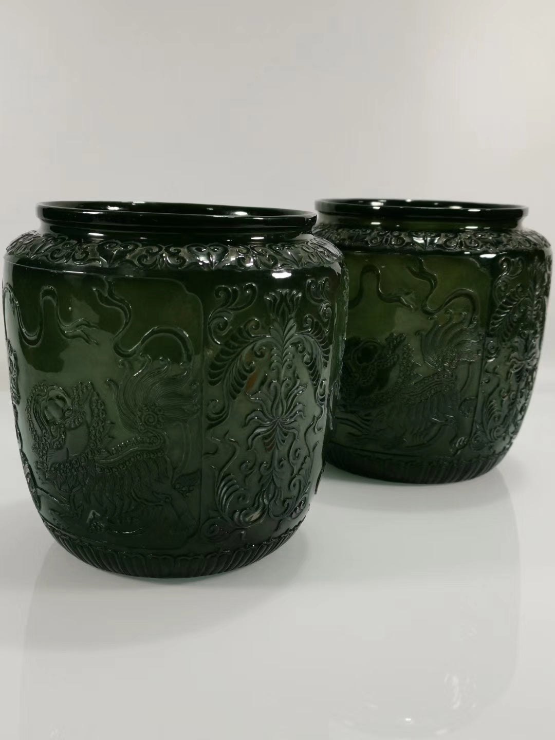 A2249 A Pair Superb Chinese Green Hetian Jade Low Relief Fortune Lion Pots