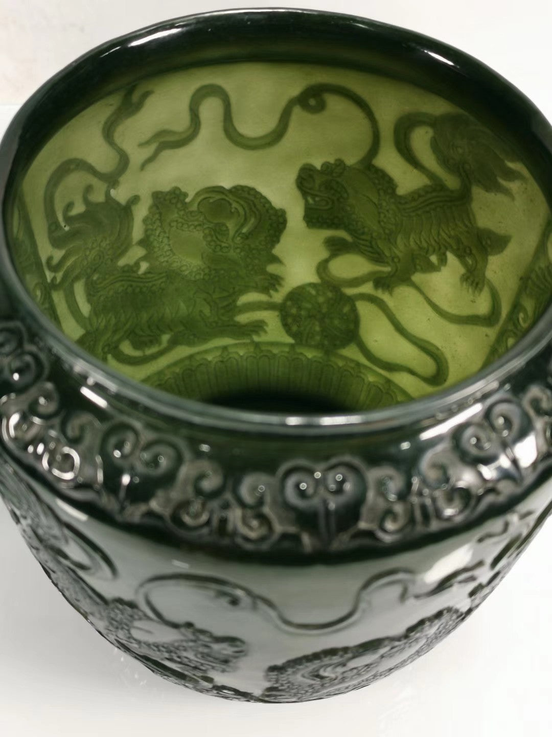 A2249 A Pair Superb Chinese Green Hetian Jade Low Relief Fortune Lion Pots
