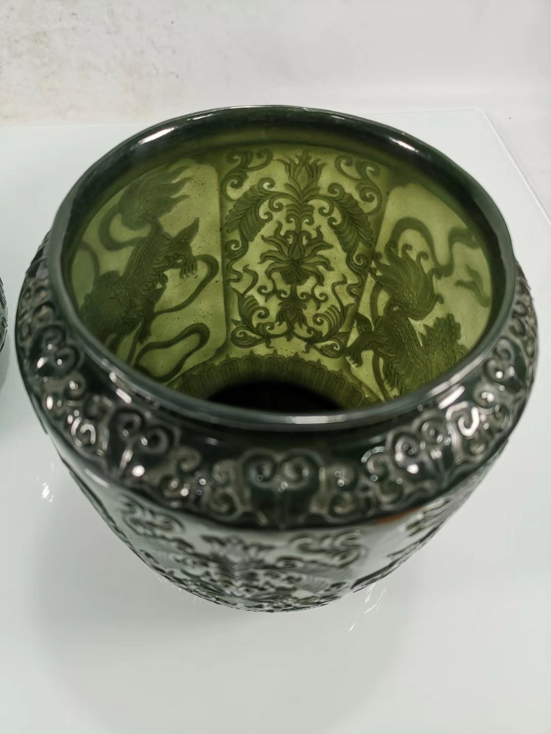 A2249 A Pair Superb Chinese Green Hetian Jade Low Relief Fortune Lion Pots