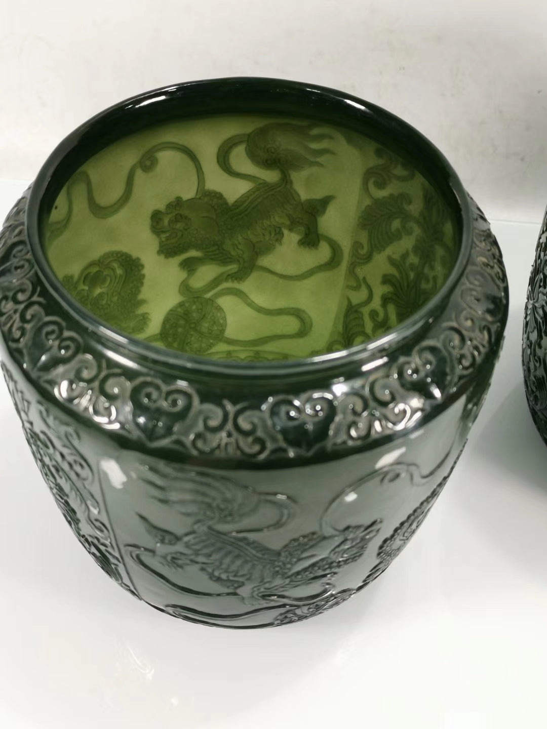 A2249 A Pair Superb Chinese Green Hetian Jade Low Relief Fortune Lion Pots