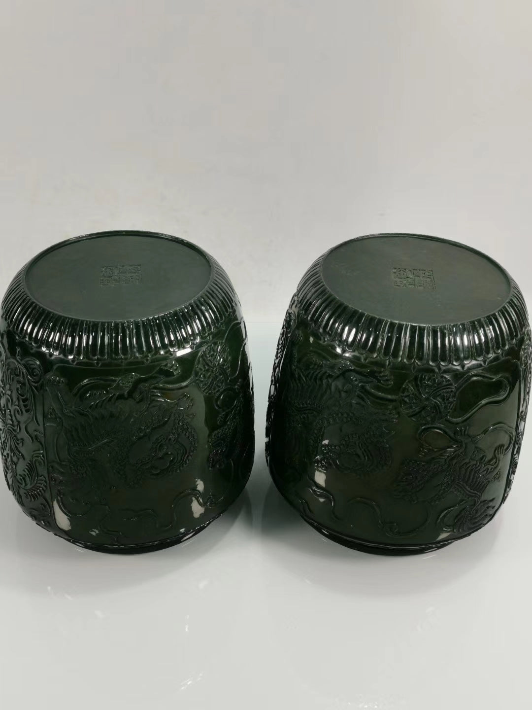 A2249 A Pair Superb Chinese Green Hetian Jade Low Relief Fortune Lion Pots