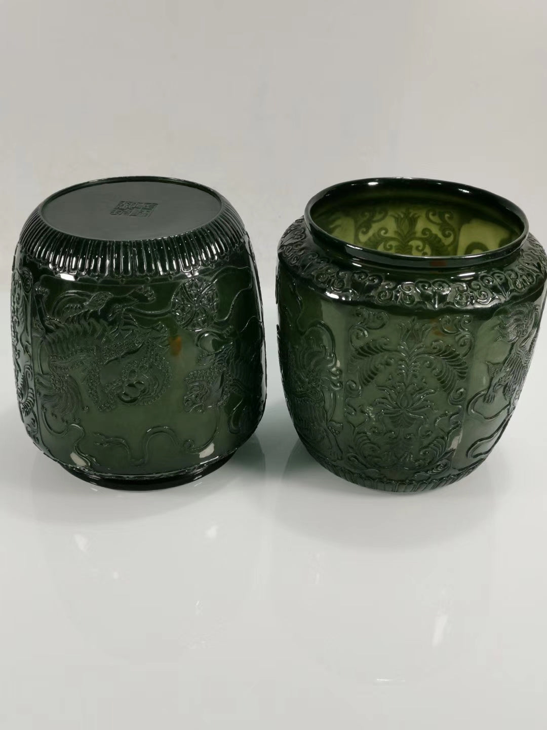 A2249 A Pair Superb Chinese Green Hetian Jade Low Relief Fortune Lion Pots