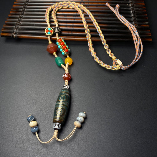 A2255 Hand Woven Tibetan Four Eye DZI Agate Lucky Pendant