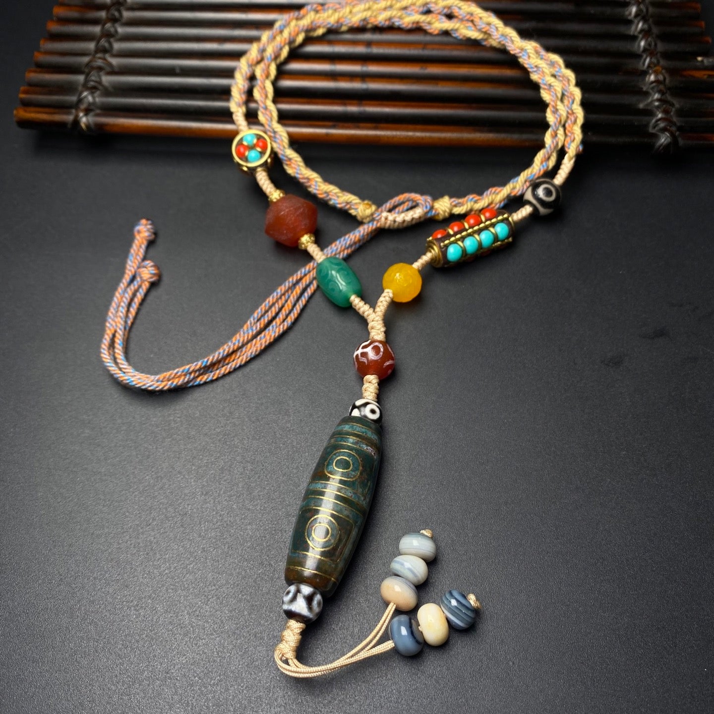 A2255 Hand Woven Tibetan Four Eye DZI Agate Lucky Pendant