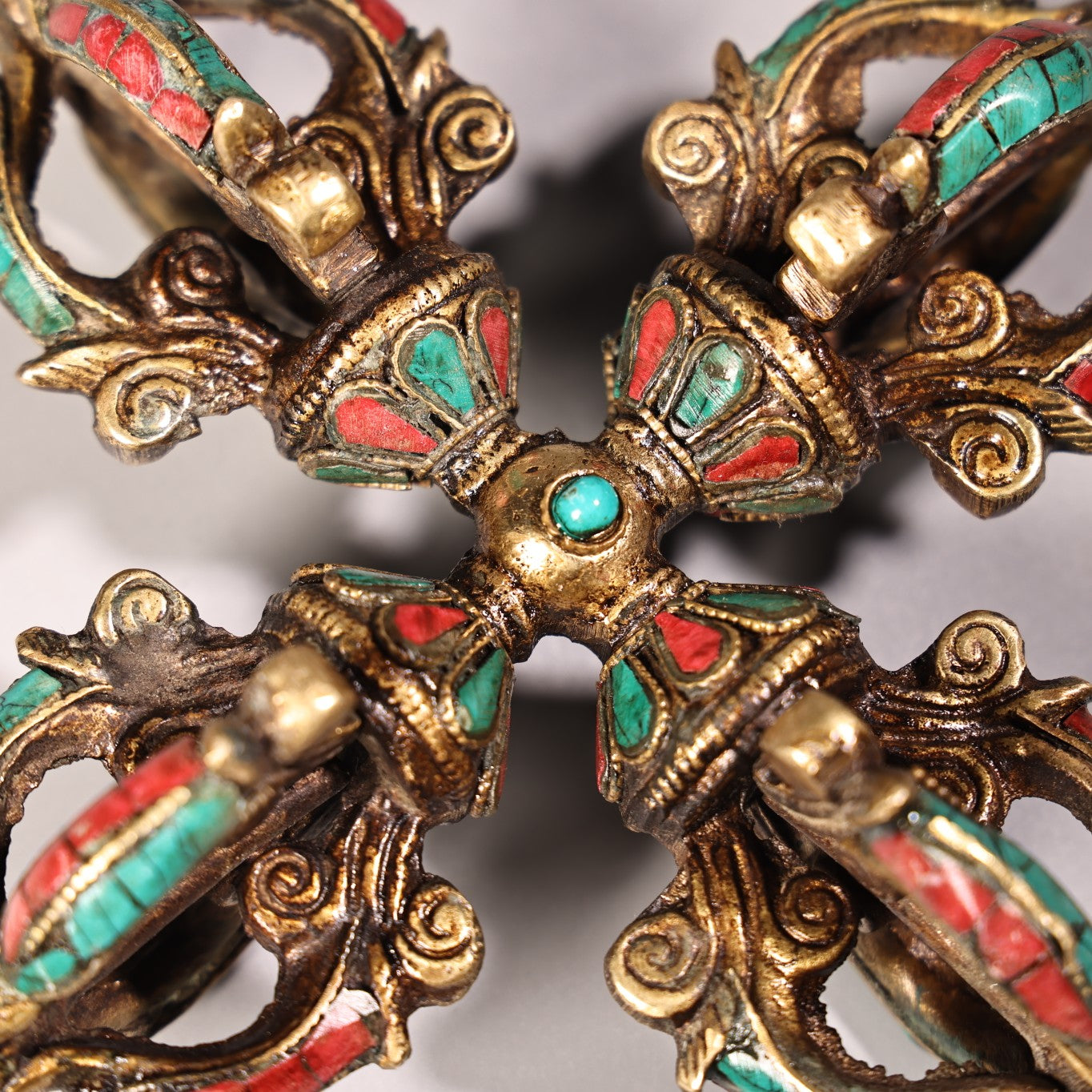 A2260 Tibetan Buddhism Gilt Gold Copper Inlay Turquoise & Gems Pestle Xiangmo Statue