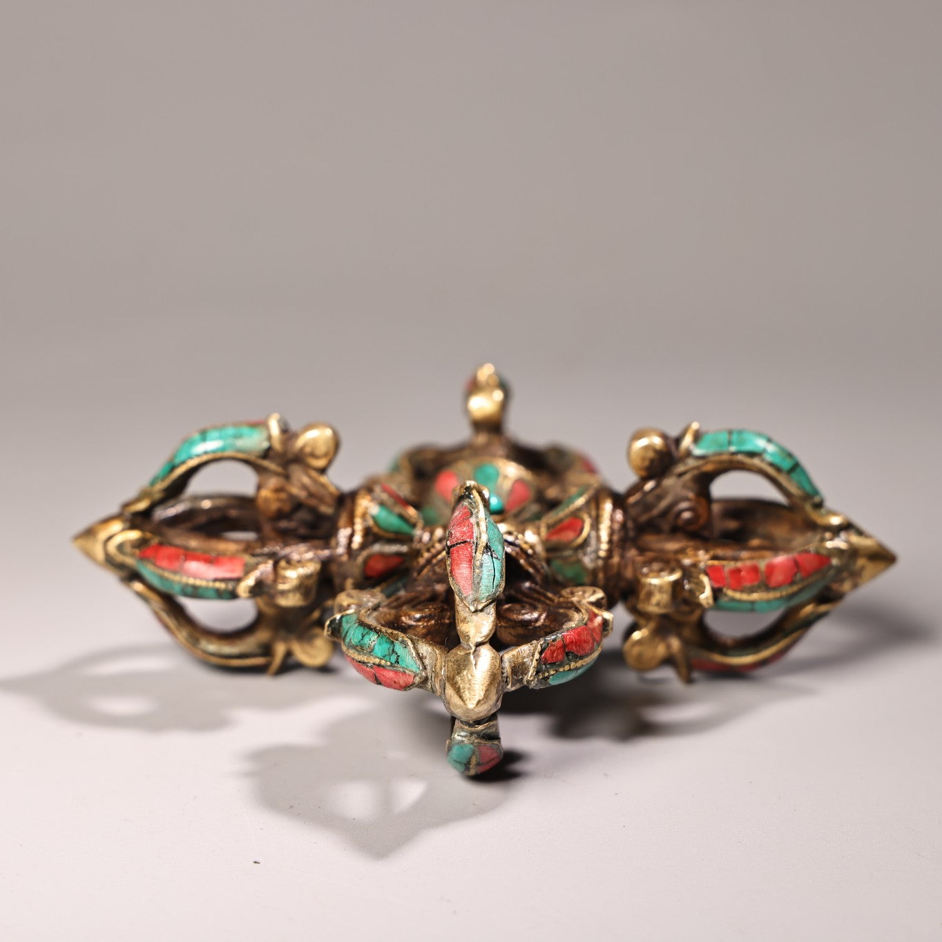 A2260 Tibetan Buddhism Gilt Gold Copper Inlay Turquoise & Gems Pestle Xiangmo Statue