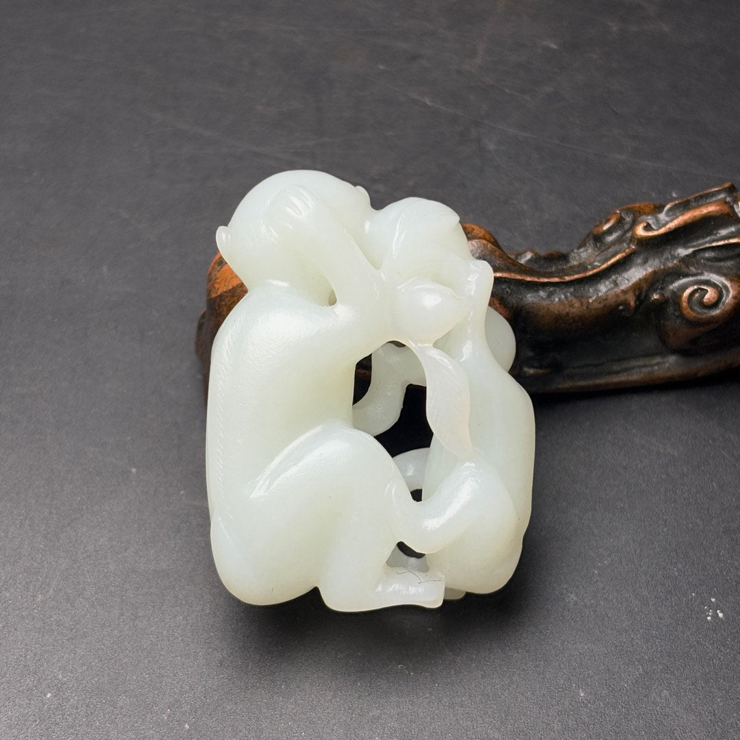 A2265 Chinese Natural Hetian Jade Carved Monkey Pendant