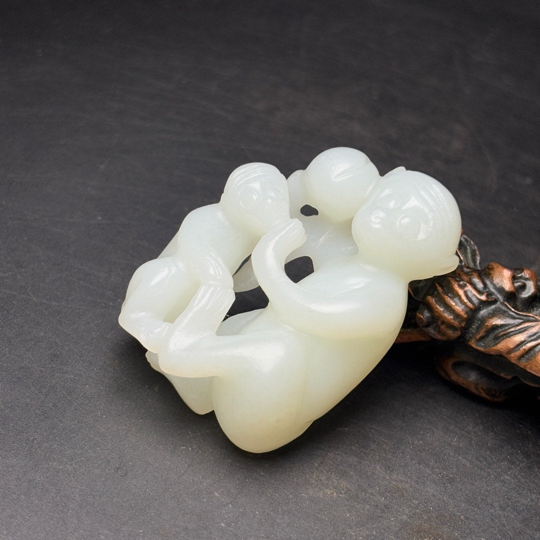 A2265 Chinese Natural Hetian Jade Carved Monkey Pendant