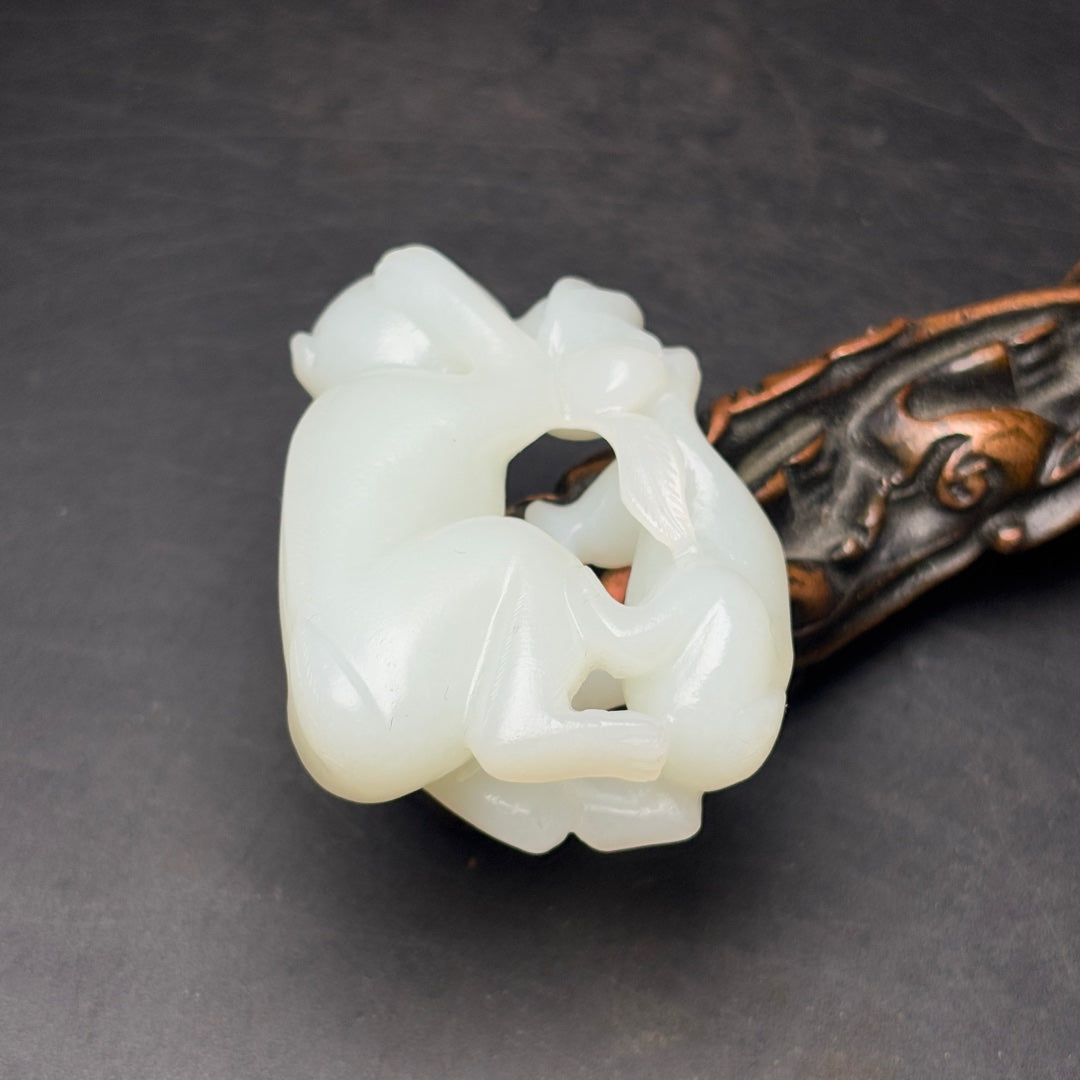 A2265 Chinese Natural Hetian Jade Carved Monkey Pendant