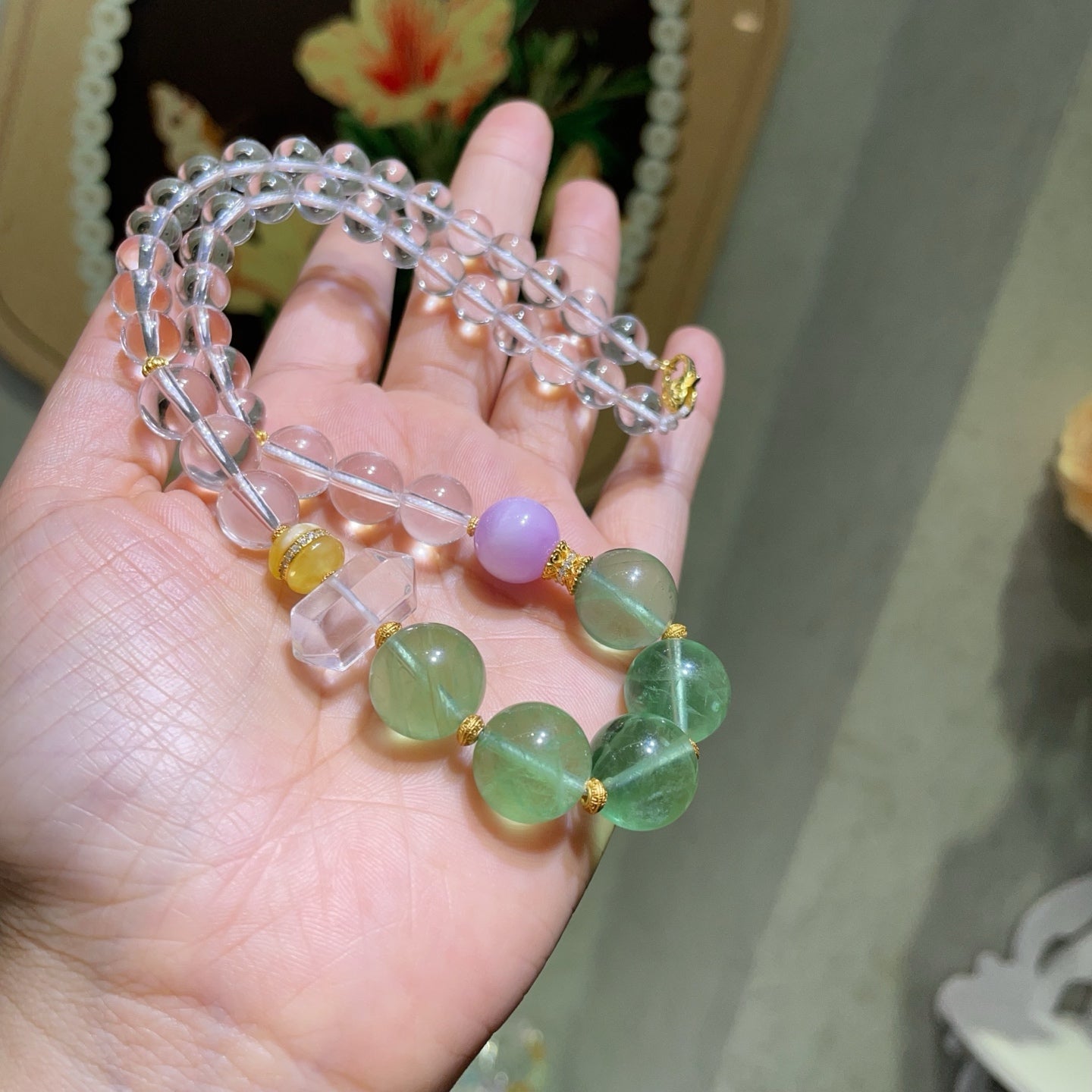 A2273 Beautiful Fluorite &amp; White Cystal Beads Pendant