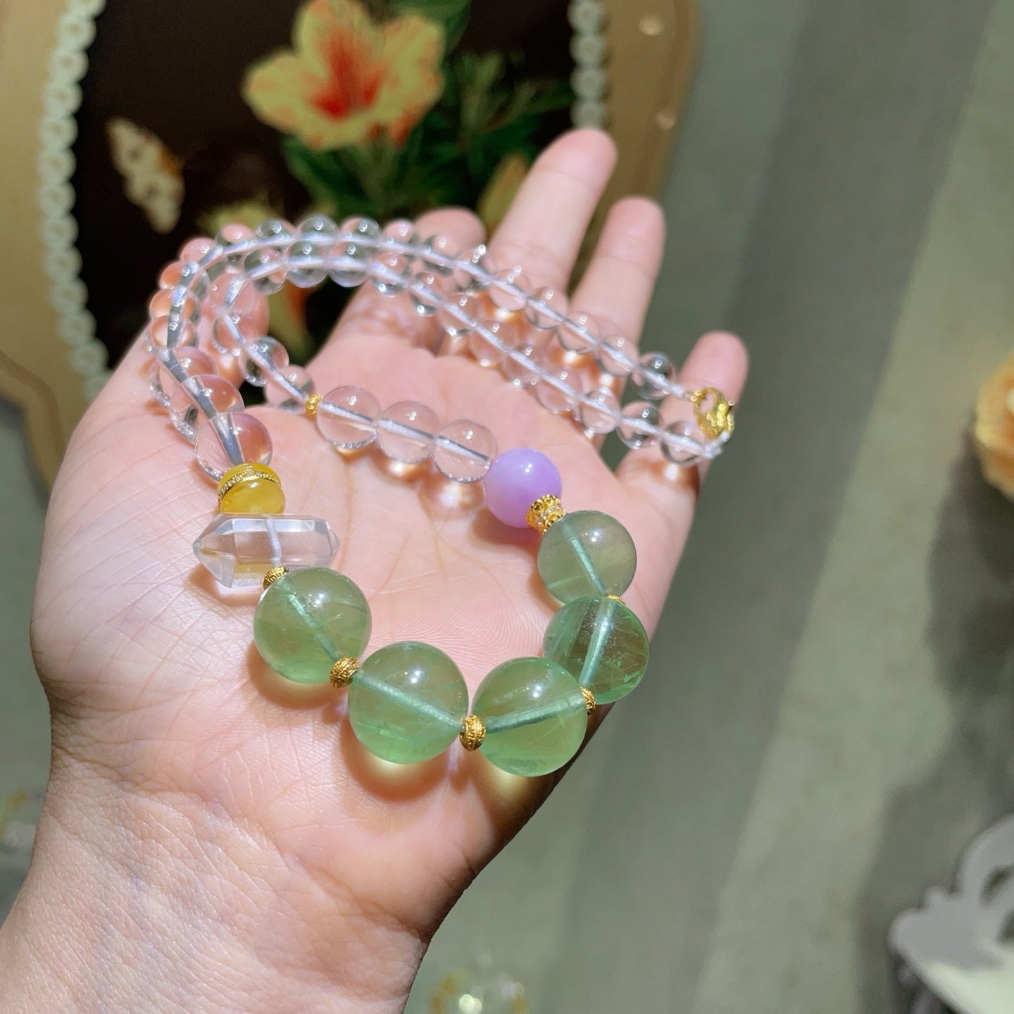 A2273 Beautiful Fluorite &amp; White Cystal Beads Pendant