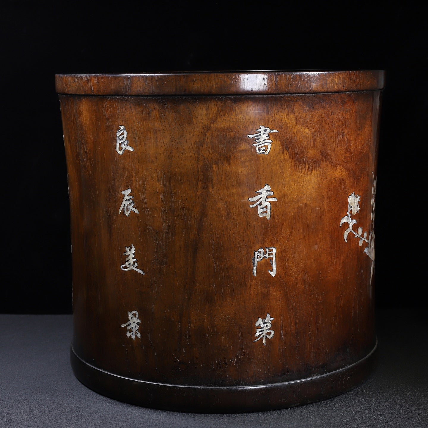 A2275 Chinese Huali Wood Inlay Shell Plum Flower & Magpie Brush Pot