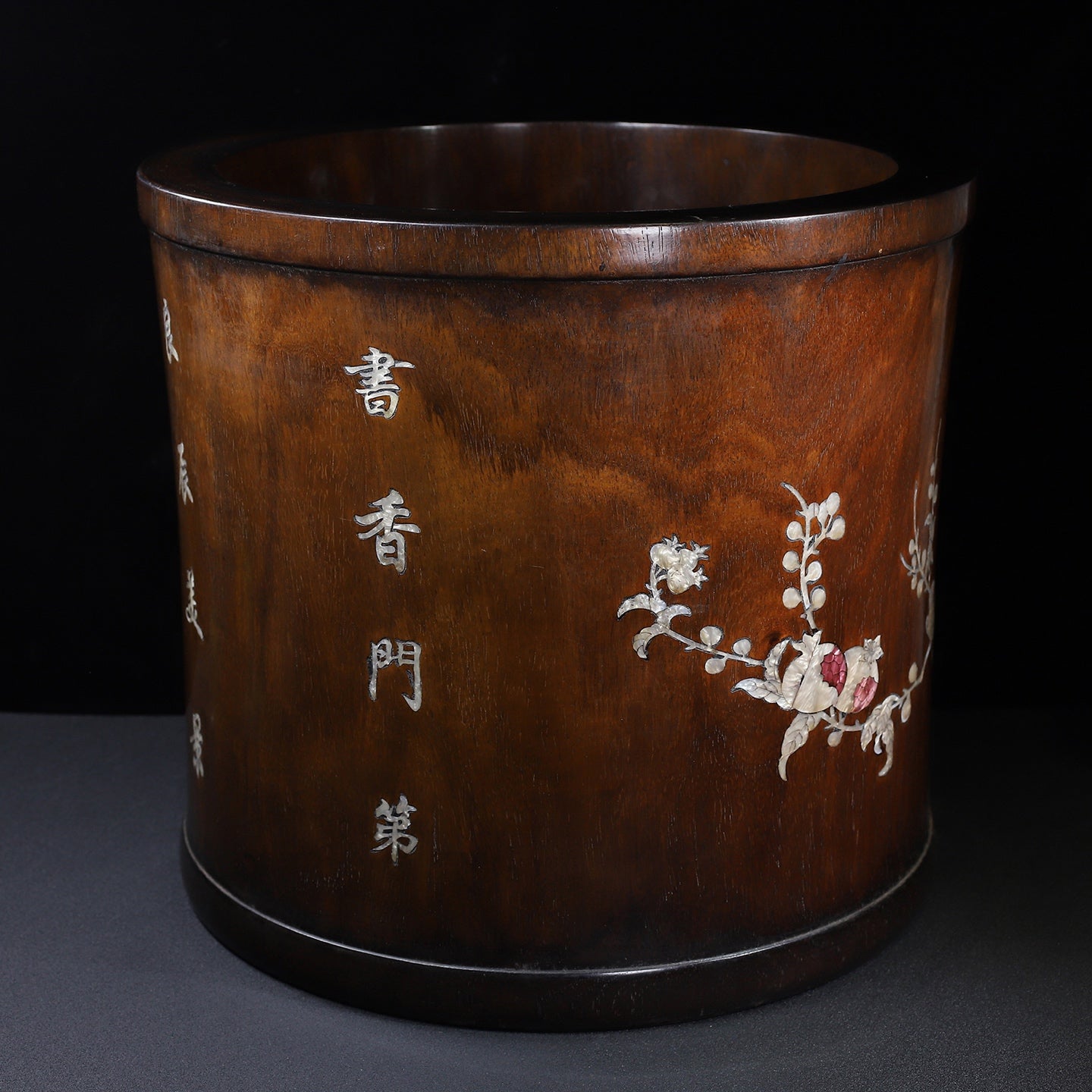 A2275 Chinese Huali Wood Inlay Shell Plum Flower & Magpie Brush Pot
