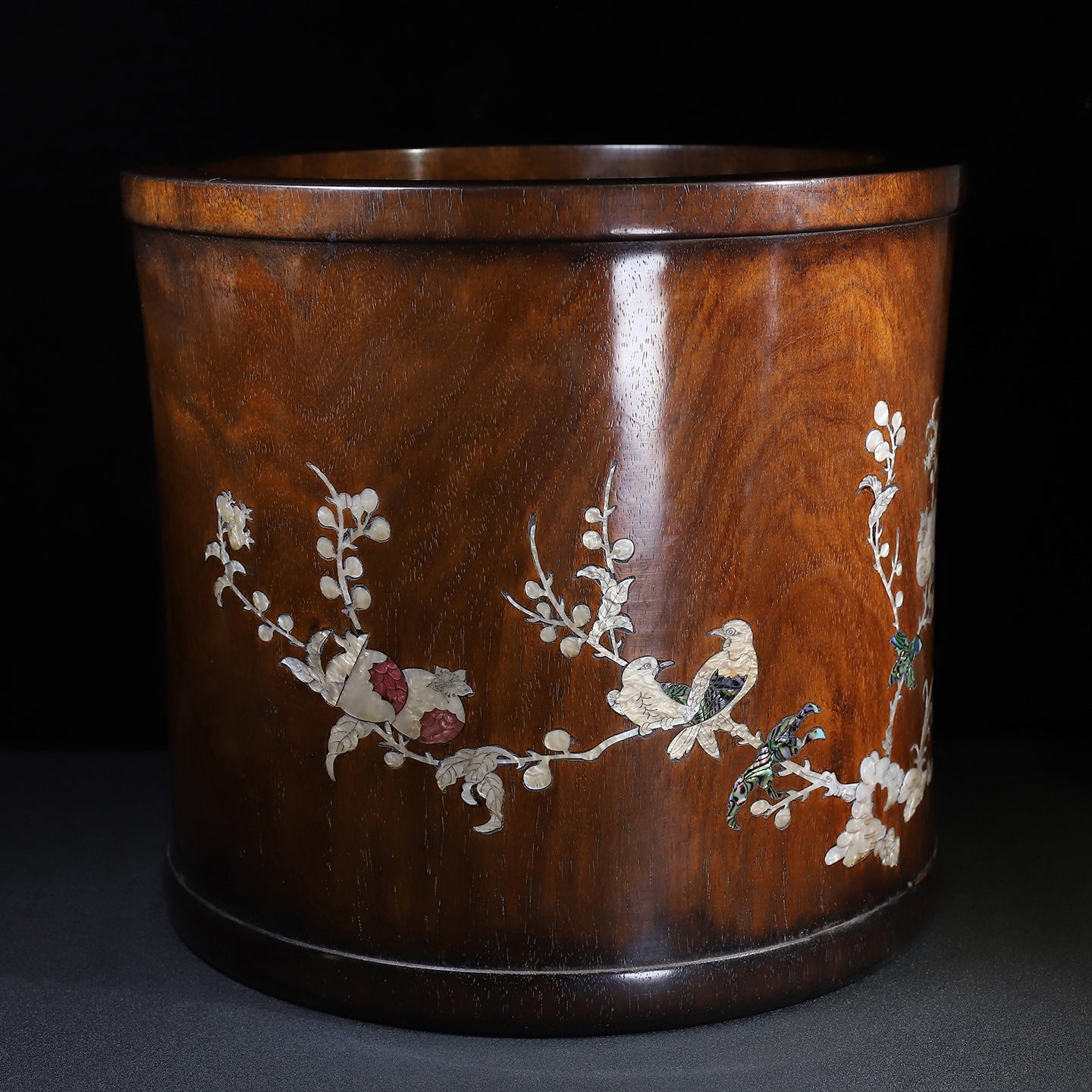 A2275 Chinese Huali Wood Inlay Shell Plum Flower & Magpie Brush Pot