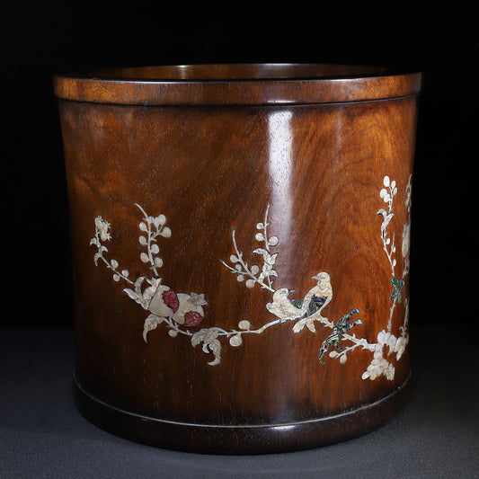 A2275 Chinese Huali Wood Inlay Shell Plum Flower & Magpie Brush Pot