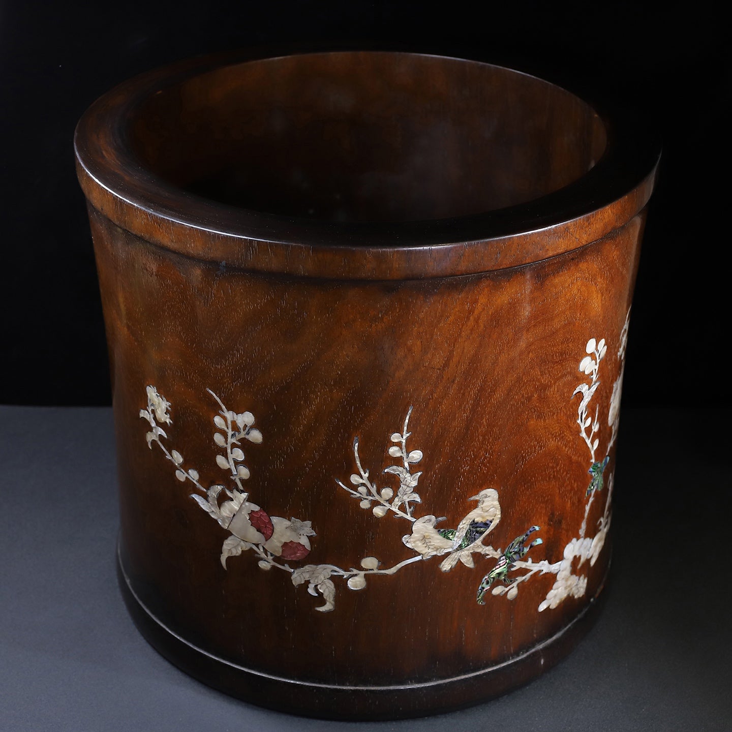 A2275 Chinese Huali Wood Inlay Shell Plum Flower & Magpie Brush Pot