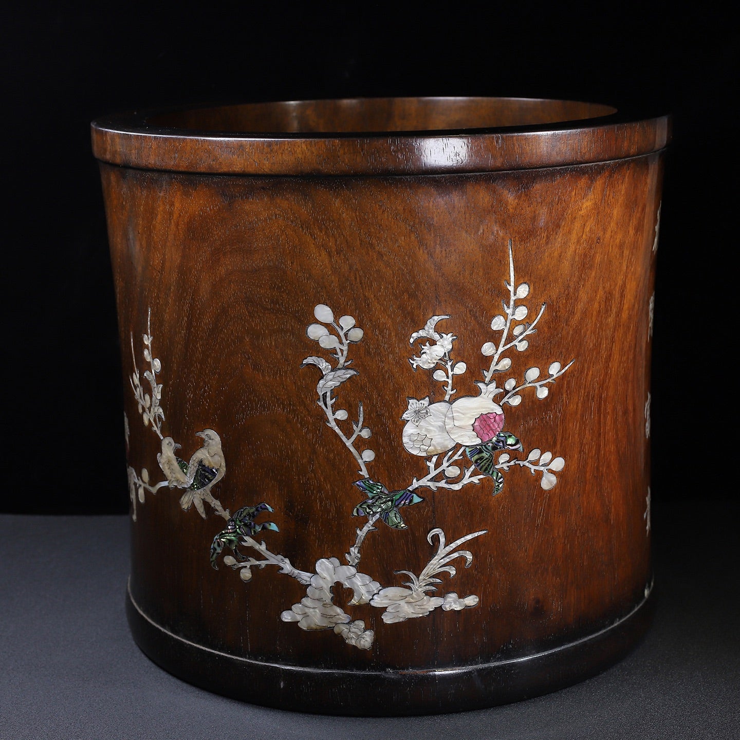A2275 Chinese Huali Wood Inlay Shell Plum Flower & Magpie Brush Pot
