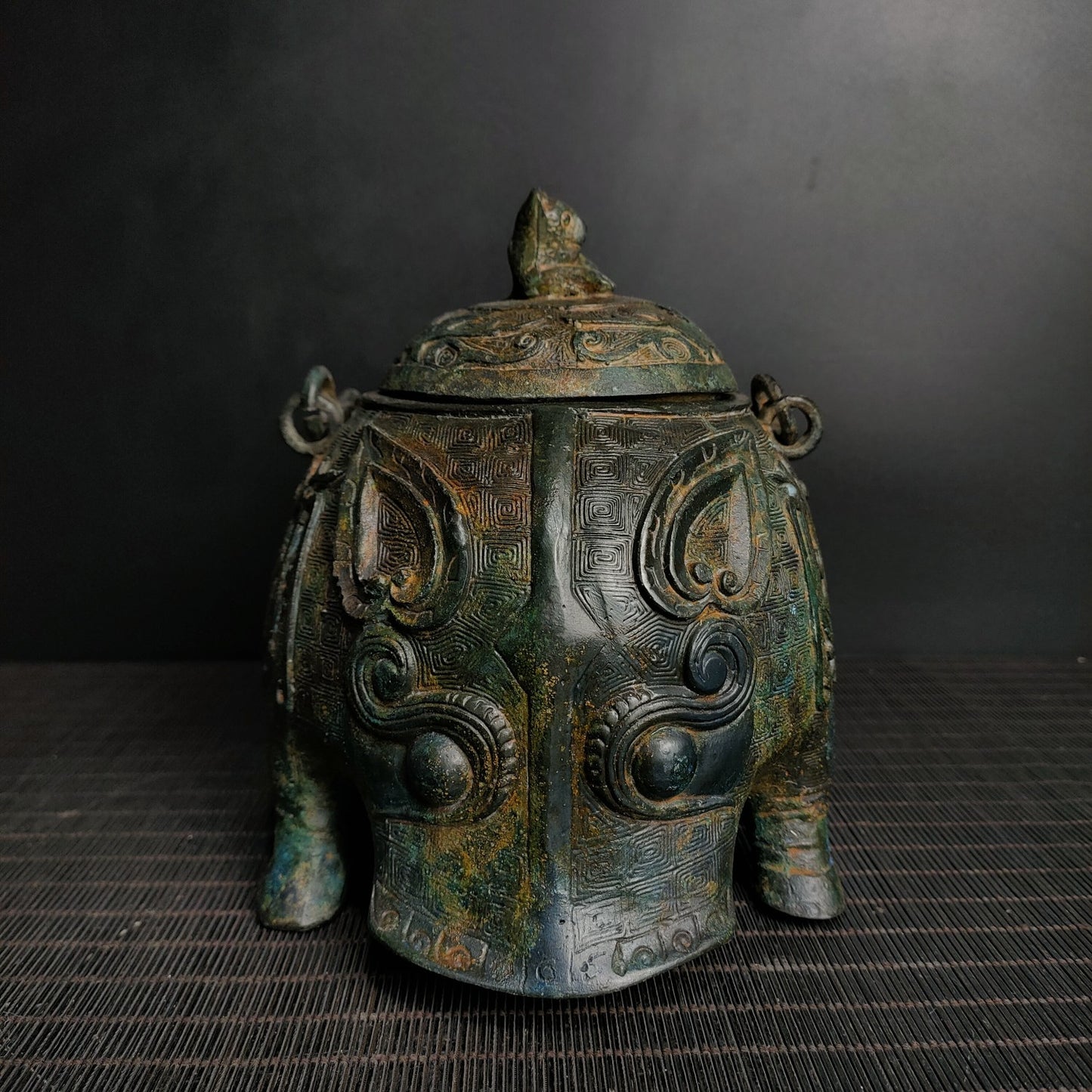 A2277 Vintage Chinese Bronze Divine Beast Handle Pot