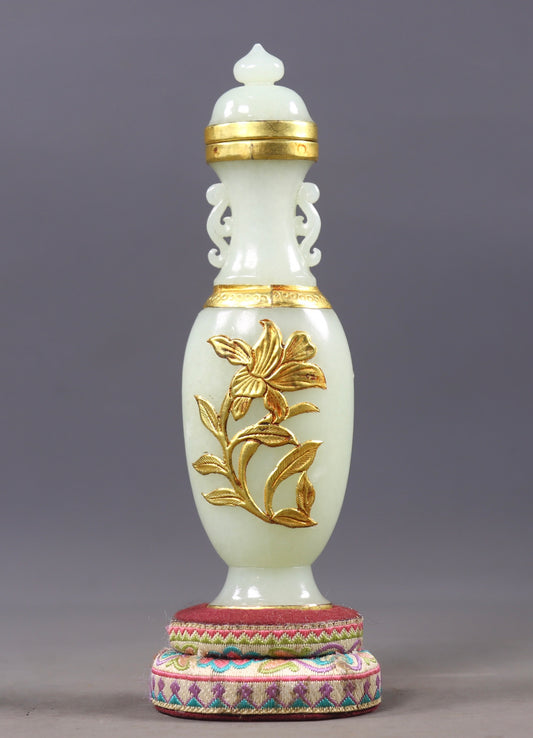 A2280 Superb Chinese Inlaying Copper Edge Hetian Jade Vase