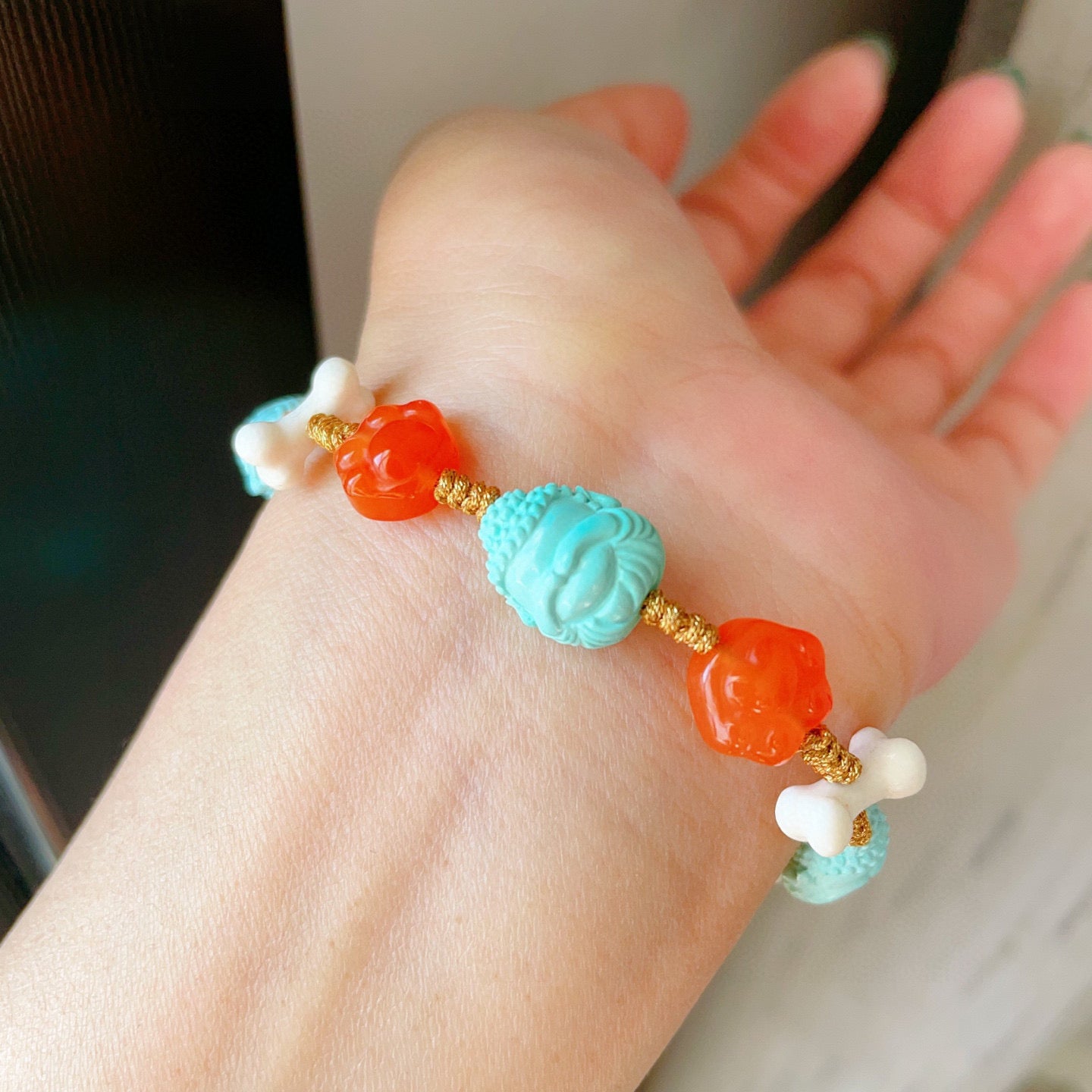 A2289 Hand Woven Beautiful Turquoise & Nanhong Agate Beads Bracelet