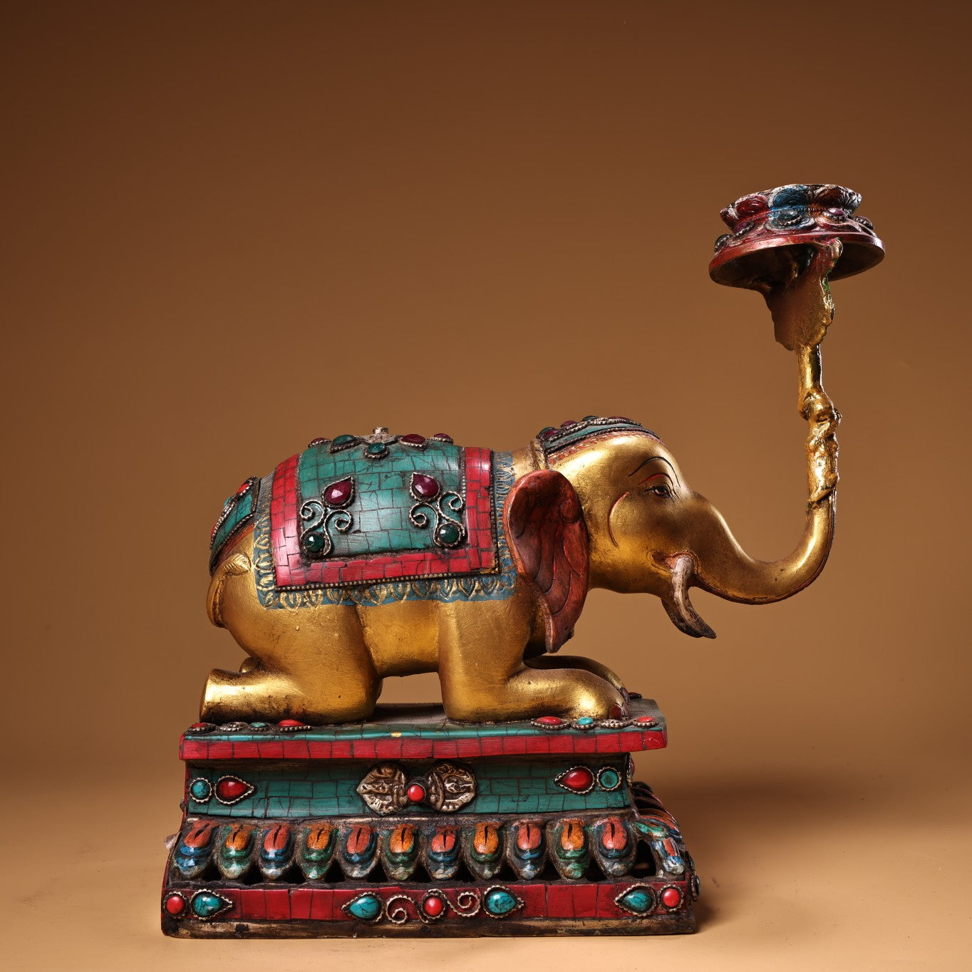 A2295 Old Tibetan Gilt Gold Bronze Inlay Turquoise & Gems Elephant Candlestick Statue