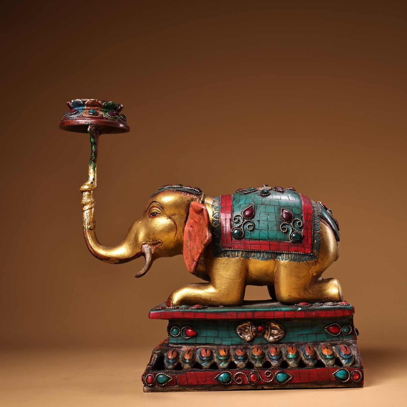 A2295 Old Tibetan Gilt Gold Bronze Inlay Turquoise & Gems Elephant Candlestick Statue