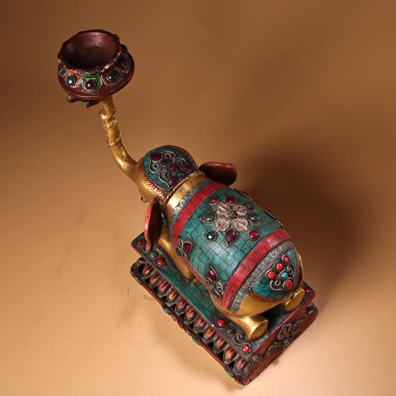 A2295 Old Tibetan Gilt Gold Bronze Inlay Turquoise & Gems Elephant Candlestick Statue