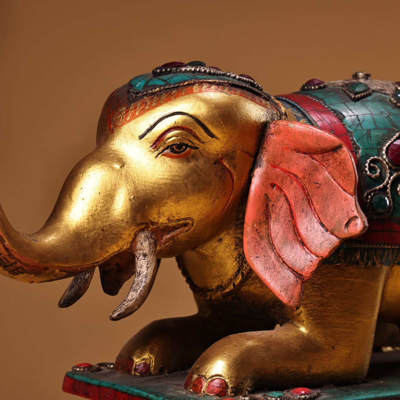 A2295 Old Tibetan Gilt Gold Bronze Inlay Turquoise & Gems Elephant Candlestick Statue