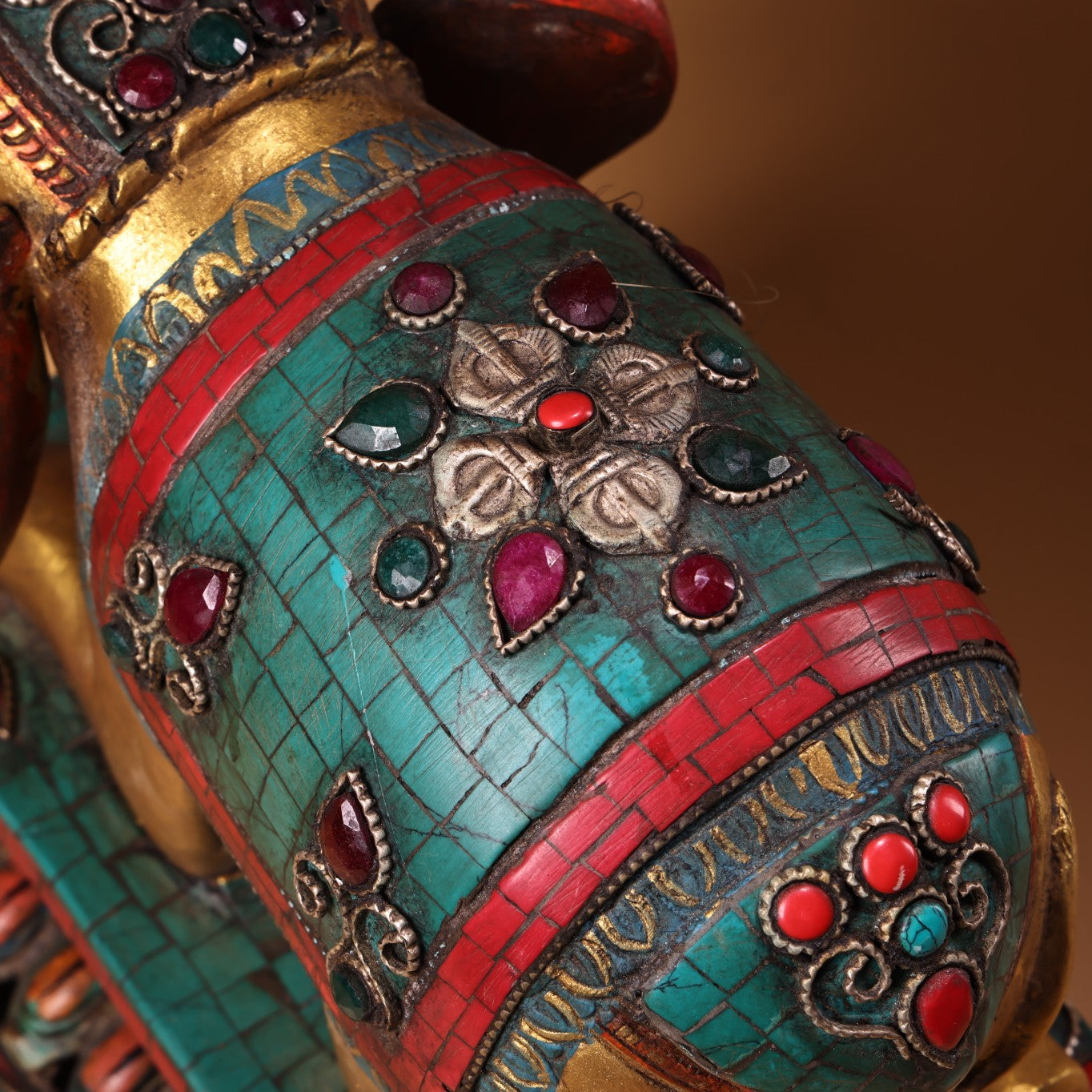 A2295 Old Tibetan Gilt Gold Bronze Inlay Turquoise & Gems Elephant Candlestick Statue